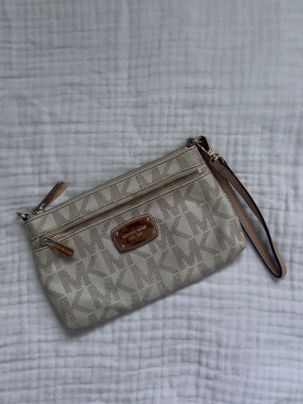 Michael Kors Neutral Beige Logo Wristlet Clutch with Gold Plaque
